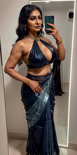 (masterpiece, photorealistic, ultra-detailed, practical lighting, shot by iphone 15). (indian:1.4), 1 mature woman clicking a mirror selfie. The woman is 50 years old. The woman is wearing a long saree which hugs tightly to her body. Black saree, (ultra-detailed saree). The saree is combined with extremely revealing and slutty high halter-neck blouse. The woman displays an extreme amount of her clevage under her saree.
BREAK
The woman wears jewelry to add to her seductiveness. Her jewelries include navel piercing, bangles, 