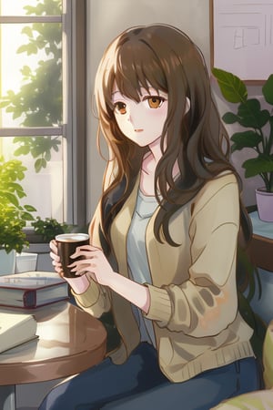 A long-haired woman sitting at a coffee table, indoor setting with warm lighting, soft focus on her face, she is holding a cup of coffee, natural expression, detailed background with books and plants, close-up shot, soft shadows, pastel colors, serene atmosphere.