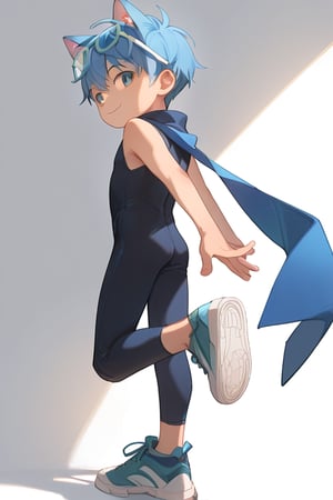 score_9,score_8_up,score_7_up,score_6_up,score_5_up,score_9_up,tag score,source_anime, standing, rear view, looking back, raised leg, arched back, slim waist, smile, 1boy,solo,male focus,blue cat ears shota,blue tail,blue pupils,blue hair,
(black sleeveless bodysuit),blue scarf, sneakers,green (Ski glasses) on head,
best quality, amazing quality, best aesthetic,
Perfect Hands,br-style