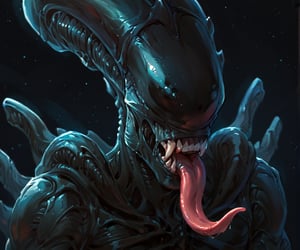 score_9, score_8_up, score_7_up, score_6_up, score_5_up, score_4_up, source_furry, alien, xenomorph, black body, black skin, solo, spikes, spikes \(anatomy\), male, headshot portrait, close-up, tongue out, long tongue, smile