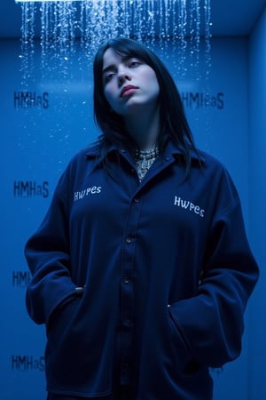 one girl Billie Eilish, in men's style clothes, black hair, T-shirt shirt and dark blue oversize jeans, all oversize, she stands in a blue room full of water and water drips from her, the inscription "HMHaS" behind her, the look is sexy, blue colors, blue filter