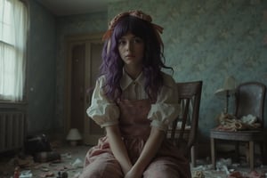 A girl with dark purple hair and slopty styling sits on an old chair and looks at the viewer, there is a mess around, torn wallpaper, old room, dirty room