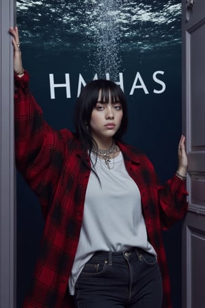 One girl with black hair opens the door from which she falls into the water, she is wearing a white oversized T-shirt, a checkered oversized dark red shirt and dark jeans, full body image, The inscription "HMHAS" in water, high quality , unerwater, blue background 