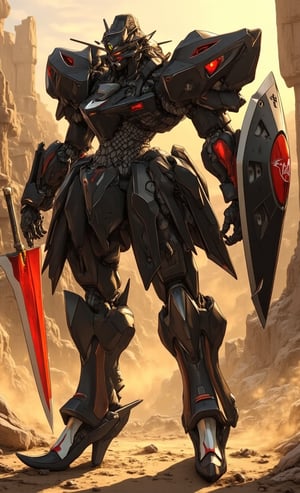 In a sweeping cowboy shot, a majestic mecha rises from the dusty terrain, its black and red armor aglow in the warm sunlight. Equipped with a gleaming sword and shield, it holds them confidently, the sword's radiant glow illuminating its rugged features as the mystical background fades into focus. Mechanisms hum with tension, ready to spring into action, while red, shining eyes pierce the darkness, casting an otherworldly gaze amidst ancient castle ruins.fantasy robot