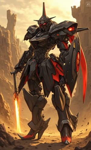 In a sweeping cowboy shot, a majestic mecha rises from the dusty terrain, its black and red armor aglow in the warm sunlight. Equipped with a gleaming sword and shield, it holds them confidently, the sword's radiant glow illuminating its rugged features as the mystical background fades into focus. Mechanisms hum with tension, ready to spring into action, while red, shining eyes pierce the darkness, casting an otherworldly gaze amidst ancient castle ruins.fantasy robot