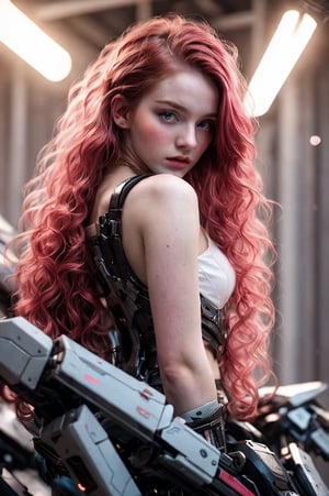 A full shot, ultrarealistic photo of a young woman with pale skin and striking features, standing with a serious expression. She has vibrant red hair flowing down her back, with one eye a bright, icy blue and the other a vivid, glowing red. Her fingers extend into long, sharp claws, adding to her mysterious and intense aura. The lighting casts soft shadows, highlighting her delicate but fierce appearance. She stands in a dimly lit, slightly eerie environment, with subtle details of her surroundings adding to the mood of tension and intrigue., 8k uhd, dslr, soft lighting, high quality, film grain, Fujifilm XT3,mecha