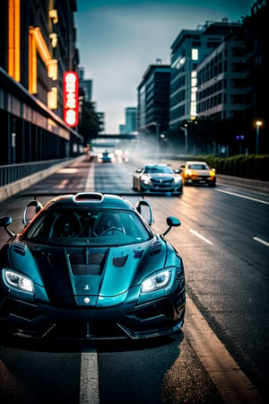 RAW photo,a sparkling blue koenigsegg agera on a race drived for a sexy woman , 8k uhd, dslr, soft lighting, high quality, film grain, Fujifilm XT3,sports car