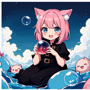 Create an image of a pink slime monster with cat ears, vampire teeth, and large, bright eyes. The monster is surrounded by bubbles and holding a star-shaped candy. The background is a fantasy landscape with a light blue sky and fluffy clouds.,RAW photo, subject, 8k uhd, dslr, soft lighting, high quality, film grain, Fujifilm XT3,chibi,chibi style