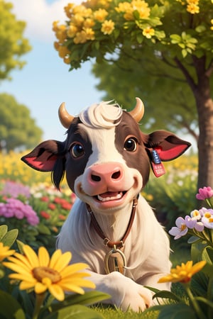 
 smiling cow enjoying springtime flowers, (((masterpiece))),(best quality)