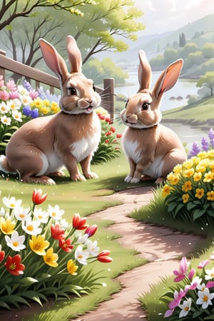 
rabbits enjoying springtime flowers, (((masterpiece))),(best quality)