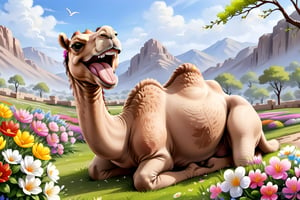 smilling camel enjoying springtime flowers, (((masterpiece))),(best quality)