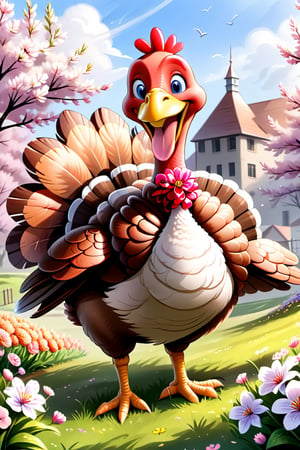 
 smiling turkey enjoying springtime flowers, (((masterpiece))),(best quality)