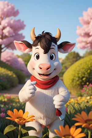 cartoon character, smiling cow enjoying springtime flowers, (((masterpiece))),(best quality)