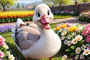 smilling goose enjoying springtime flowers, (((masterpiece))),(best quality)