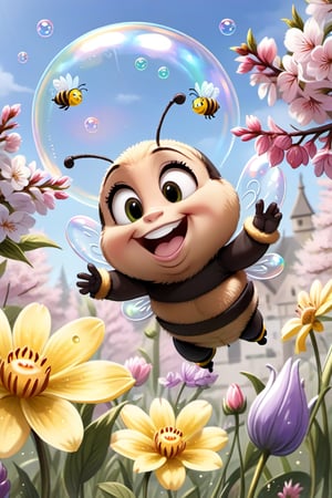 smilling bubble bee enjoying springtime flowers, (((masterpiece))),(best quality)