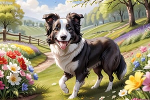 smilling border collie enjoying springtime flowers, (((masterpiece))),(best quality)