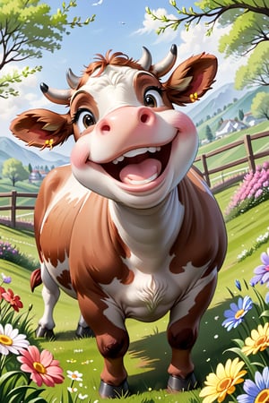 
 smiling cow enjoying springtime flowers, (((masterpiece))),(best quality)