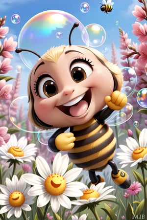 smilling bubble bee enjoying springtime flowers, (((masterpiece))),(best quality)