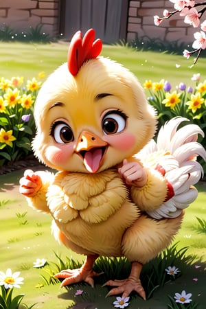 
 happy baby chicken enjoying springtime, (((masterpiece))),(best quality)