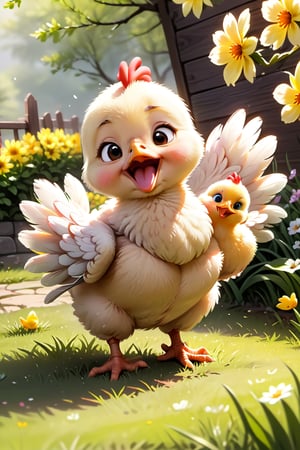 
 happy baby chicken enjoying springtime, (((masterpiece))),(best quality)