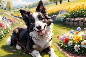 smilling border collie enjoying springtime flowers, (((masterpiece))),(best quality)