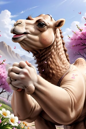 smilling camel enjoying springtime flowers, (((masterpiece))),(best quality)