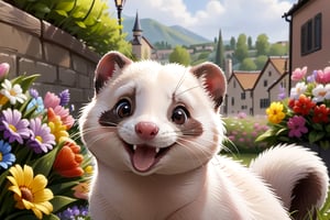 smilling ferret enjoying springtime flowers, (((masterpiece))),(best quality)