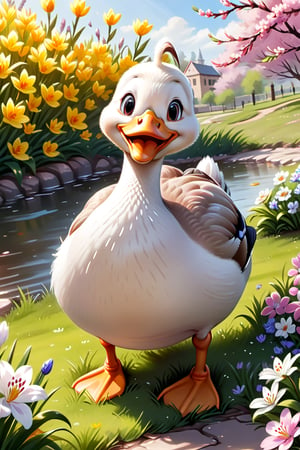 
 smiling duck enjoying springtime flowers, (((masterpiece))),(best quality)