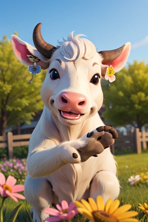 
 smiling cow enjoying springtime flowers, (((masterpiece))),(best quality)