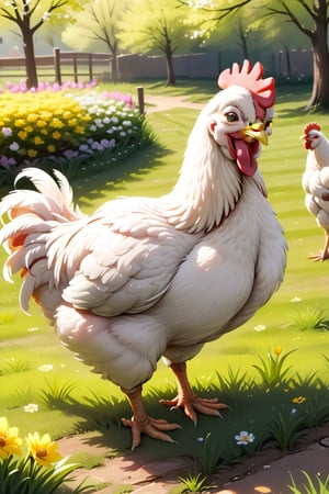 
 smiling chiken enjoying springtime, (((masterpiece))),(best quality)