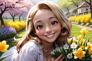 smilling camell enjoying springtime flowers, (((masterpiece))),(best quality)