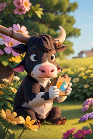 cute cartoon character, cow enjoying springtime flowers, (((masterpiece))),(best quality)