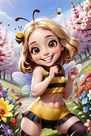 smilling bee enjoying springtime flowers, (((masterpiece))),(best quality)