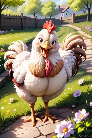 
 happy chiken enjoying springtime, (((masterpiece))),(best quality)