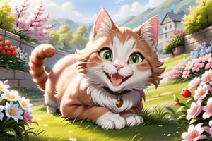 smilling cat enjoying springtime flowers, (((masterpiece))),(best quality)