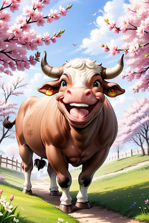 
 smiling bull enjoying springtime, (((masterpiece))),(best quality)