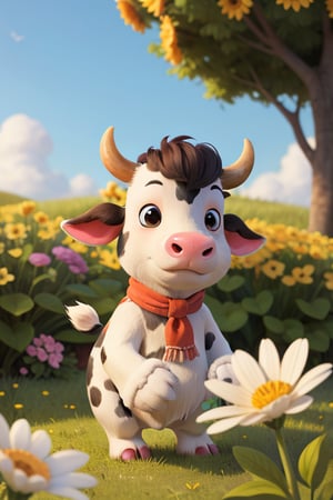 cute cartoon character, cow enjoying springtime flowers, (((masterpiece))),(best quality)