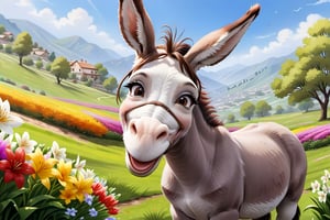 smilling donkey enjoying springtime flowers, (((masterpiece))),(best quality)