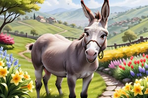 smilling donkey enjoying springtime flowers, (((masterpiece))),(best quality)