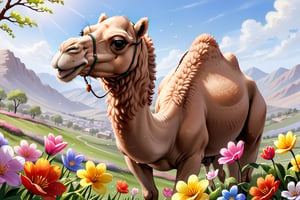 smilling camel enjoying springtime flowers, (((masterpiece))),(best quality)