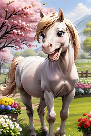 
 smiling horse enjoying springtime flowers, (((masterpiece))),(best quality)