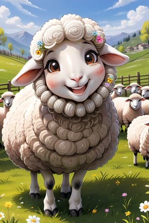 
 smiling sheep enjoying springtime flowers, (((masterpiece))),(best quality)