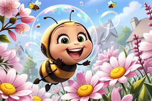 smilling bubble bee enjoying springtime flowers, (((masterpiece))),(best quality)