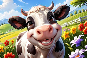 
 smiling cow enjoying springtime flowers, (((masterpiece))),(best quality)