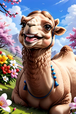 smilling camel enjoying springtime flowers, (((masterpiece))),(best quality)