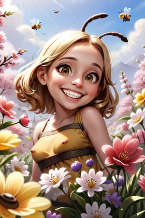 smilling bee enjoying springtime flowers, (((masterpiece))),(best quality)