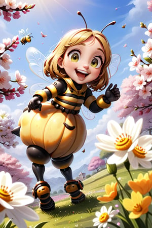 happy bee enjoying springtime flowers, (((masterpiece))),(best quality)