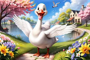 smilling goose enjoying springtime flowers, (((masterpiece))),(best quality)