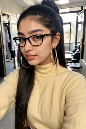 Mallu, 1girl, 18yo, solo, twin tail ponytail, two bun , long hair, looking at viewer, black hair, jewelry, turtle neck sweater, yellow, short trouser, morden dress, upper body, navel, , earrings, eye glasses, black eyes, lips, hoop earrings, realistic,mallu,  