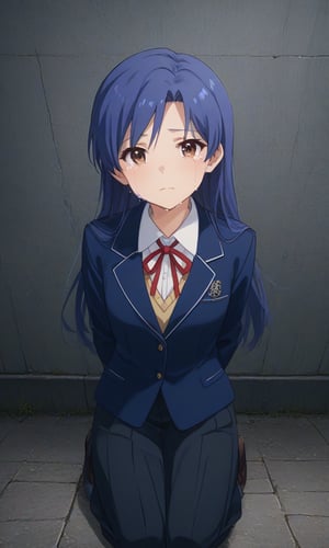 
,crying,
,(arms behind back:1.4),(kneeling:1.4),
score_9, score_8_up, score_7_up, BREAK, source_anime,rating_safe, best quality, masterpiece,
, kisaragi chihaya, blue hair, long hair, brown eyes, school uniform, blazer, jacket, ribbon, looking at viewer, upper body, neck ribbon